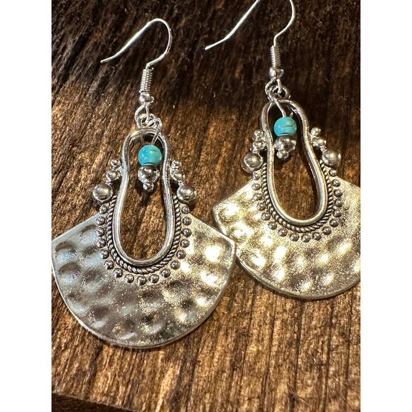 Boho Hippie Western Cowgirl Turquoise Stone Fan Silver Drop Wire Earrings, Gift - Picture 7 of 7
